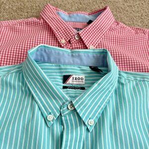 2 - IZOD PerformX Mens XL Non Iron‎ Stretch Dress Shirts Gingham & Stripe EUC